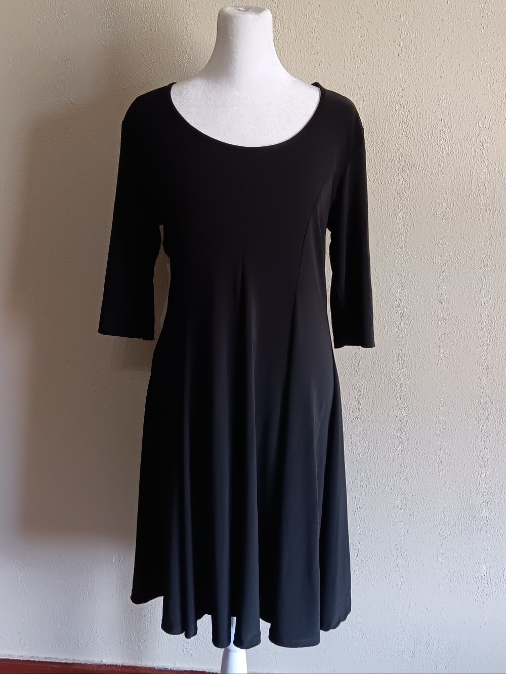 Vintage Keren Hart Black Scoop Neck A-Line Dress, Stretchy Slip On, Made In USA